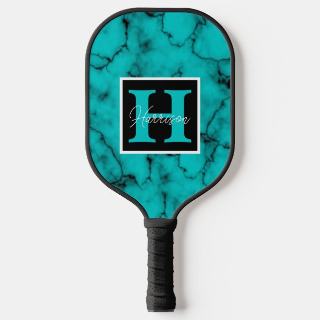 Türkisfarbener Marmorname und Monogramm Personalis Pickleball Schläger (Vorderseite)