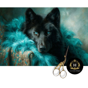 Türkisfarbener Samt Schwarz Wolf Portrait Seidenpapier