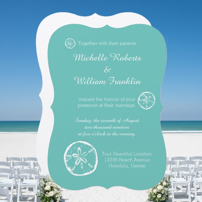Türkisfarbener Sandstrand Hochzeitsaufenthalte Einladung (turquoise blue beach wedding invitations with sand dollar design)