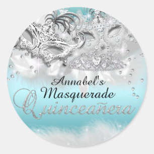 Türkisfarbener Silber-Sparkling-Masquerade-Quincea Runder Aufkleber