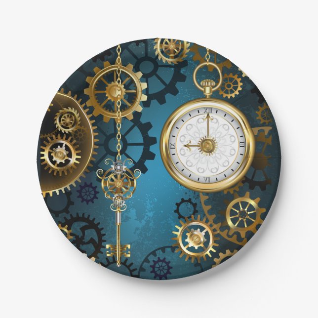 Türkisfarbener Steampun-Hintergrund mit Gänsen Pappteller (Vorderseite)