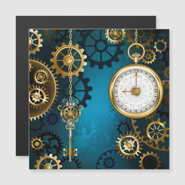 Türkisfarbener Steampunk mit Gears Magneteinladung (Vorne/Hinten)