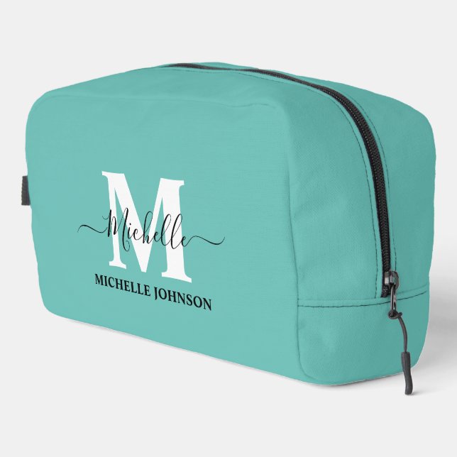 Türkisfarbener Toilettenbeutel mit Monogramm Waschbeutel (Rechte Ecke)