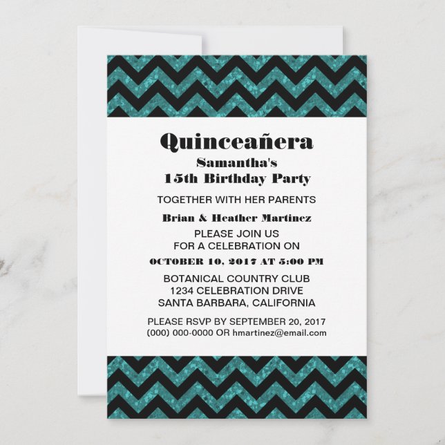 Türkisfarbener Zickzack Glitzer Quinceañera Party  Einladung (Vorderseite)