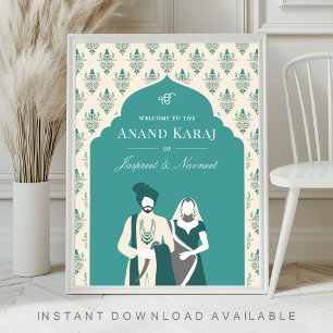 Türkisfarbenes Anand Karaj Sikh Hochzeits Willkomm Poster