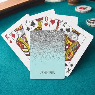 Türkisfarbenes Aqua Blau Silber Glitter Mädchen Mo Spielkarten