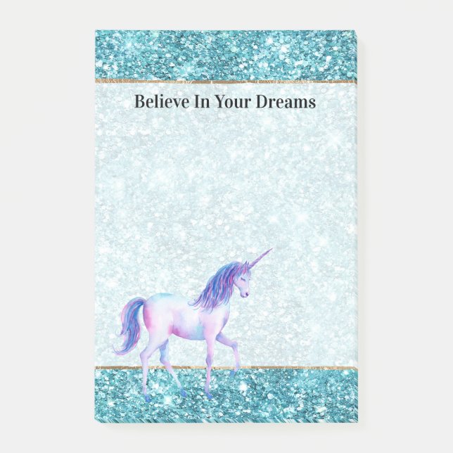 Türkisfarbenes Aqua Glitz Glitter Lila Einhorn Post-it Klebezettel (Vorderseite)