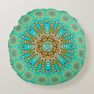 Türkisfarbenes Aqua Gold Boho Mandala OM Yoga Rundes Kissen