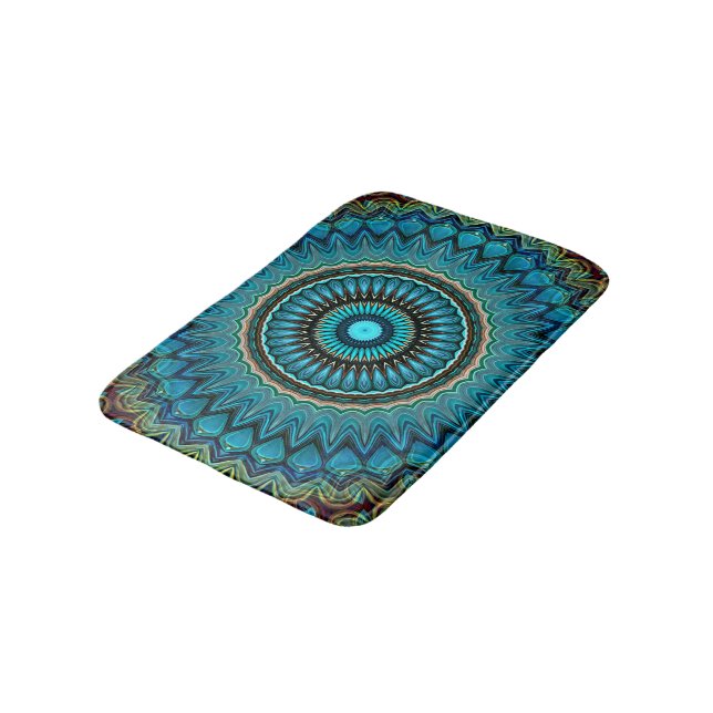 Türkisfarbenes Aquamarines Green Mandala Round-Sta Badematte (Schrägansicht)