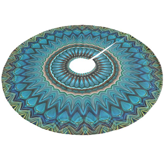 Türkisfarbenes Aquamarines Green Mandala Round-Sta Fleece Weihnachtsbaumdecke (Schrägansicht)