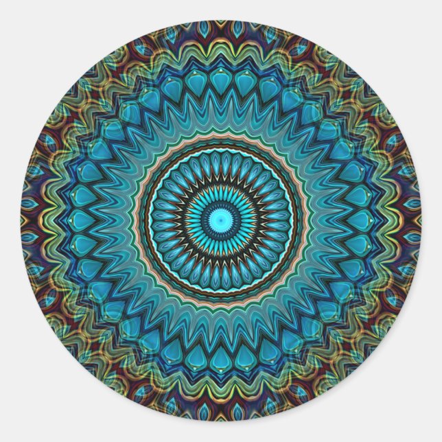 Türkisfarbenes Aquamarines Green Mandala Round-Sta Runder Aufkleber (Vorderseite)
