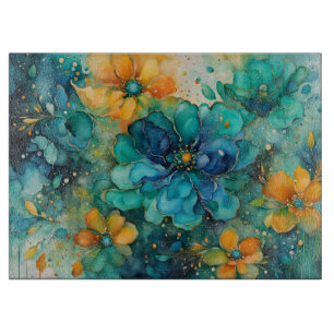 Türkisfarbenes Blau gold orange floral *Personalis Schneidebrett