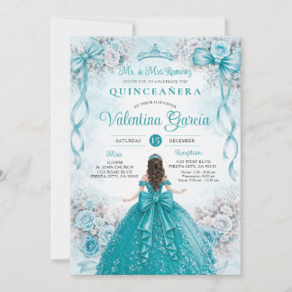 Türkisfarbenes Blumenband-Quinceañera-Geburtstags- Einladung