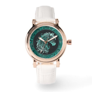 Türkisfarbenes Cowgirl mit Blumenmotiven aus Leder Armbanduhr