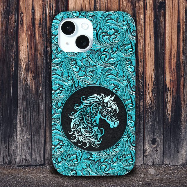 Türkisfarbenes Cowgirl mit Blumenmotiven aus Leder Case-Mate iPhone Hülle (Turquoise cowgirl floral tooled leather horse head Case-Mate iPhone case)