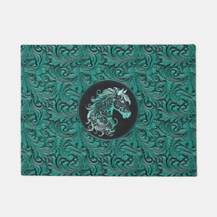 Türkisfarbenes Cowgirl mit Blumenmotiven aus Leder Fußmatte