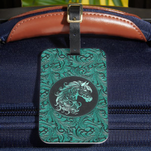 Türkisfarbenes Cowgirl mit Blumenmotiven aus Leder Gepäckanhänger