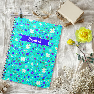 Türkisfarbenes Ditsy-Blumenmuster Illustriert Pers Notizblock