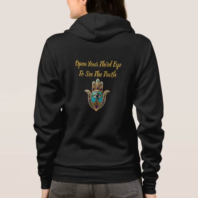 Türkisfarbenes drittes Auge Hamsa Zip Hoodie (Rückseite)