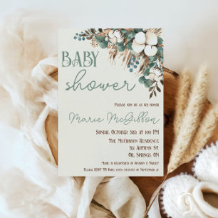 Türkisfarbenes Floral, Baumwolle, Pampasgras-Baby- Einladung