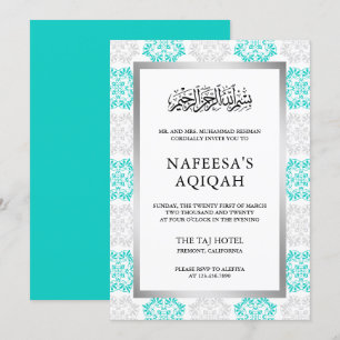 Türkisfarbenes florales Damast-Aqiqah-Zeremoniell  Einladung