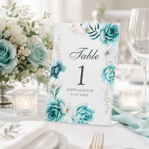 Türkisfarbenes florales Hochzeitstisch-Nummernschi Sockelschild