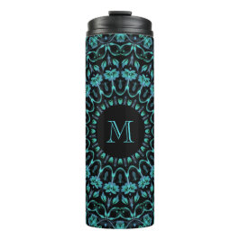 Türkisfarbenes florales Mandala-Monogramm Thermosbecher