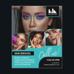 Türkisfarbenes Foto Collage Logo QR Makeup Werbung Flyer<br><div class="desc">Doppelseitiger Flyer für Makeup-Künstler, Nagelkünstler, Haarstylisten oder Ähnliches, wo Sie Ihre Arbeit in einer Retro-Foto-Collage mit türkisfarbenen Rändern und türkisfarbenem Hintergrund präsentieren müssen. Personalisieren Sie mit Ihrem Logo und auf der Rückseite ein zusätzliches Foto und Ihren QR-Code mit Ihrem Social Media Handle. Retro Foto Collage Werbe-Flyer für eine Haarstylistin, Nagelkünstler...</div>