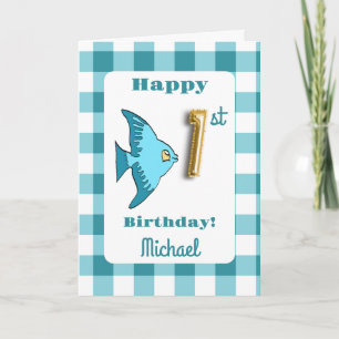 Türkisfarbenes Gingham-Goldfolien-Ballon-Fisch 1. Karte