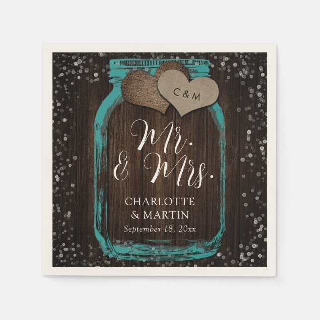 Türkisfarbenes Glas Mr. & Mrs. Hochzeit Serviette (Vorderseite)
