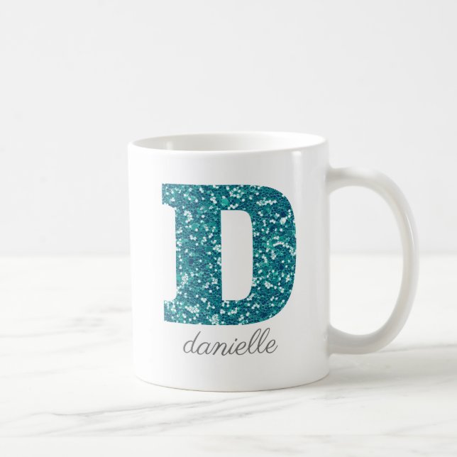 Türkisfarbenes Glitter Monogramm D Personalisiert Kaffeetasse (Rechts)