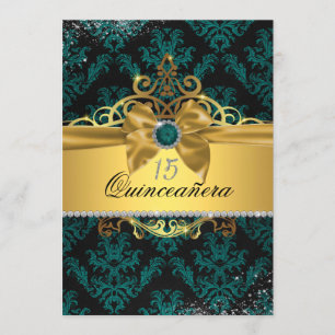 Türkisfarbenes Gold Elegantes Damast Quinceanera E Einladung