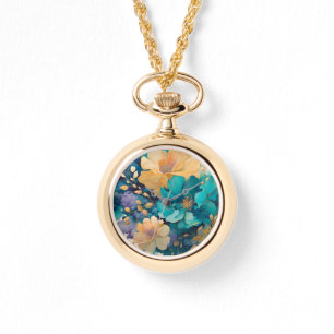 Türkisfarbenes Gold Lila Navy Wasserfarben Blumen Armbanduhr