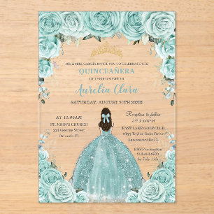 Türkisfarbenes grünes florales Prinzessin Gold Qui Acryleinladungen