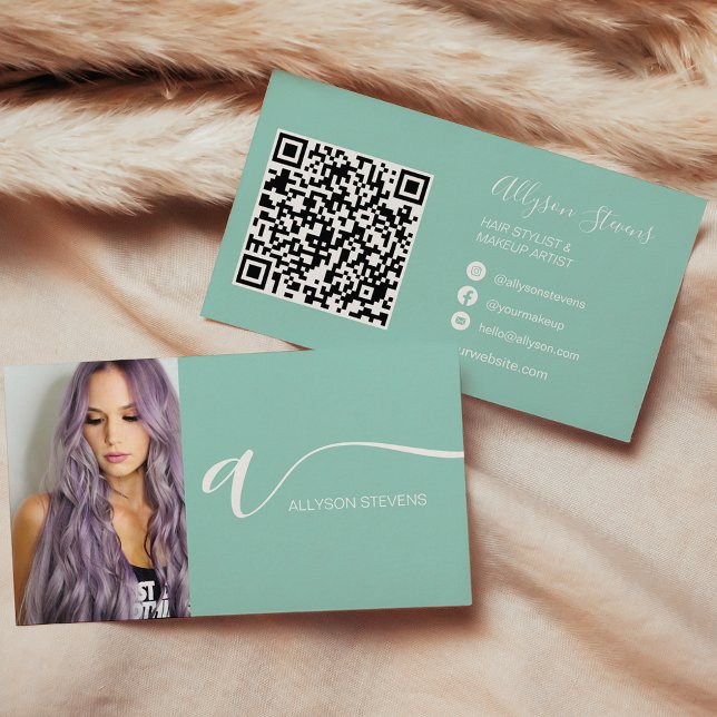 Türkisfarbenes HaarkMake-Foto erster QL-Code Visitenkarte (Turquoise hair makeup photo initial qr code business card)