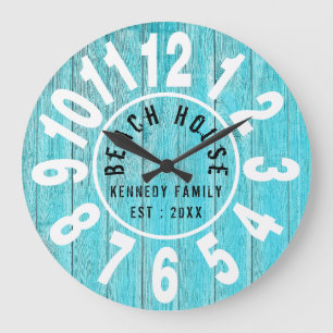 Türkisfarbenes Holz Beach House Schwarze große Z Wanduhr