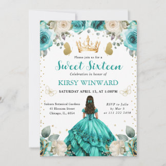 Türkisfarbenes Kleid Brünett Prinzessin Sweet 16 Einladung