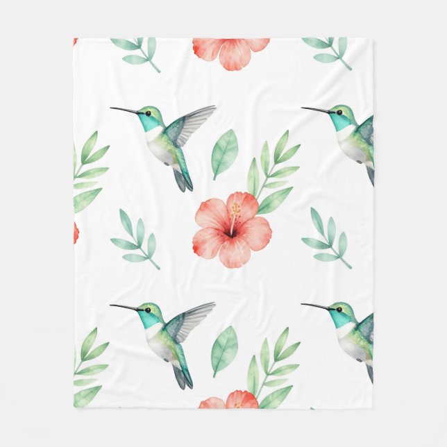Türkisfarbenes Kolibri-Hibiskus-Muster Fleecedecke (Vorderseite)
