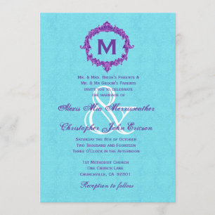 Türkisfarbenes Lila Vintage Monogramm Hochzeit V02 Einladung