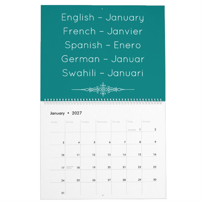 Türkisfarbenes mehrsprachiges Kalender (Jan 2027)