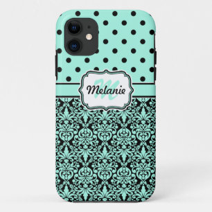 Türkisfarbenes Mit Monogramm Damask Polka Dots Mus Case-Mate iPhone Hülle