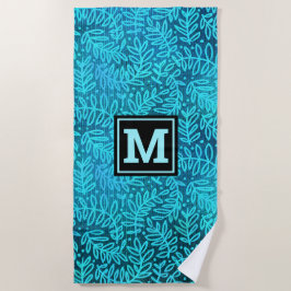 Türkisfarbenes Monogramm-Blattmuster fett, modern Strandtuch