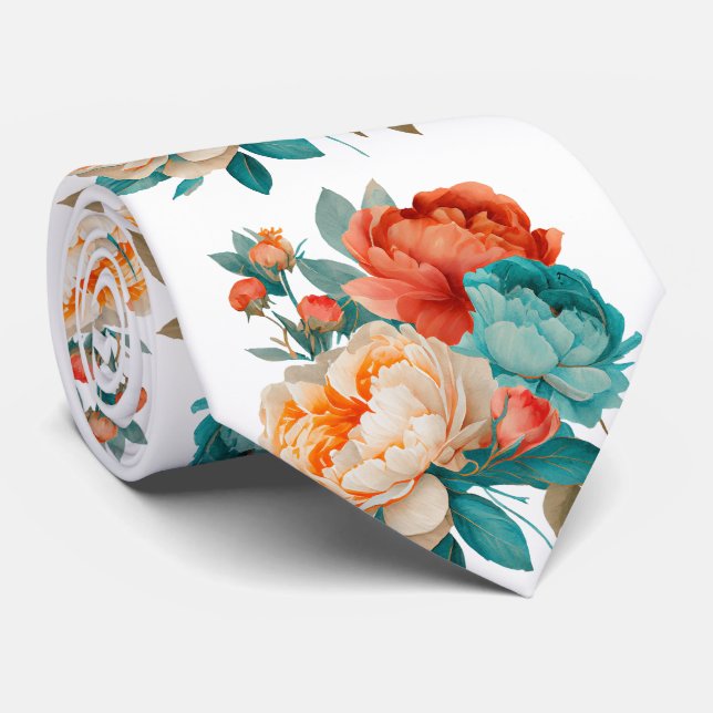 Türkisfarbenes Orangefarbenes Blumenmuster Krawatte (Gerollt)
