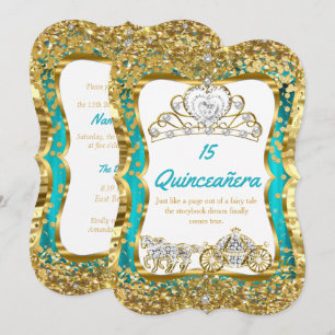 Türkisfarbenes Quinceanera-Zauber-Diadem Gold 2 Einladung