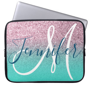 Türkisfarbenes Rosa Glitter Ombre Girly Monogramm Laptopschutzhülle