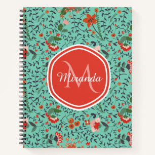 Türkisfarbenes rotes florales Monogramm Name Notizbuch