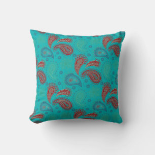 Türkisfarbenes rotes Paisleymuster Kissen