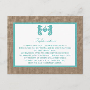 Türkisfarbenes Seepferd Burlap Beach Wedding Colle Begleitkarte