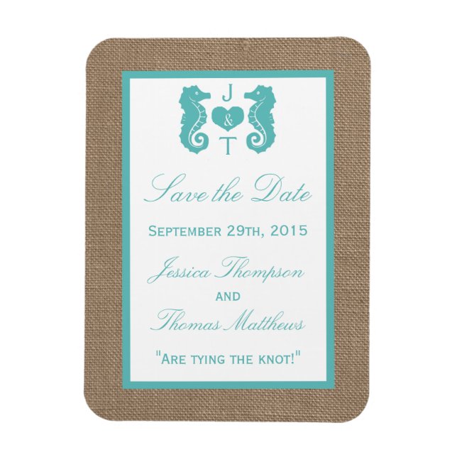 Türkisfarbenes Seepferd Burlap Beach Wedding Colle Magnet (Vertikal)