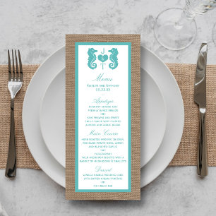 Türkisfarbenes Seepferd Burlap Beach Wedding Colle Menükarte